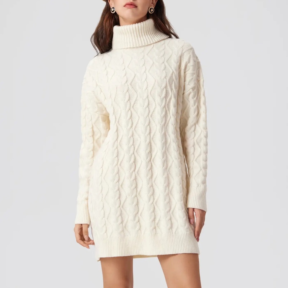 NWT Cider Knit High Neck Ribbed Sweater Dress Size S Cream Winter Fall Cozy Soft